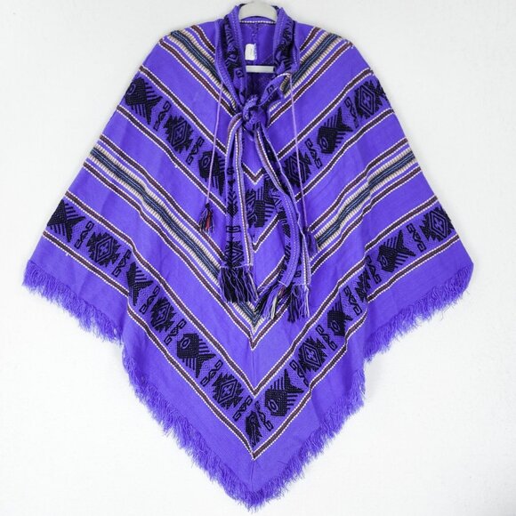 Tejidos Diaz Sweater Womens One Size Purple Wool Blend Aztec Fringe Poncho - Picture 1 of 14